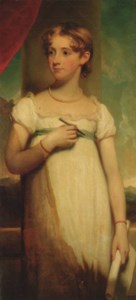Portrait of Mary Harman, née Mary Popham, three-quarter-length, in a white dress and pearl necklace, holding a crayon and paper, standing on a balcony, a landscape beyond
