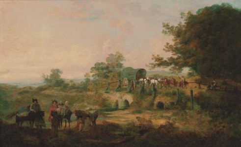 Travellers resting in a wooded river landscape, a horse-drawn covered wagon beyond