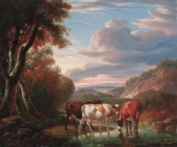 A mountainous river landscape with cattle watering by a pool