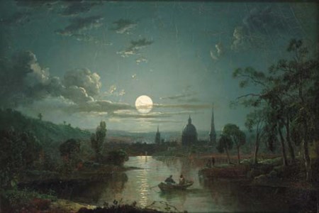 A moonlit river landscape with figures in a boat, a city beyond