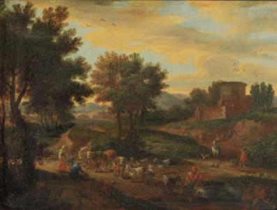 Shepherds fording cattle and flock on a sandy track by a ruined castle, in an Italianate landscape