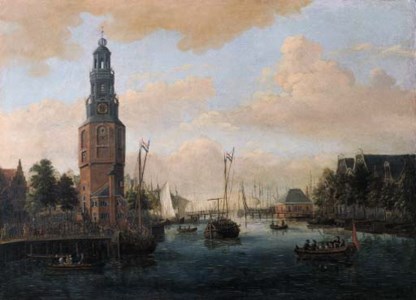 A view of the Oude Schans , Amsterdam, from the Scheepjesbrug towards the IJ, with the Montelbaanstoren on the left and the Kikkerbilsluis beyond