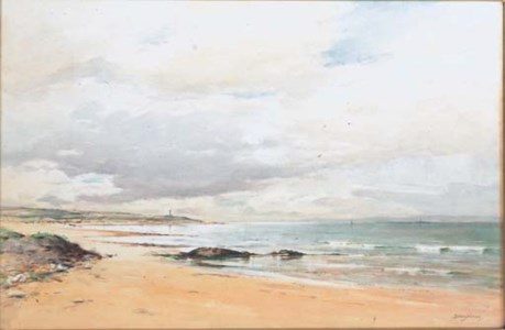 A coastal landscape with a lighthouse in the distance