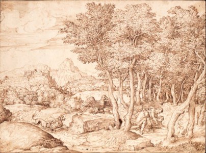 An extensive mountainous landscape with Cephalus and Procris