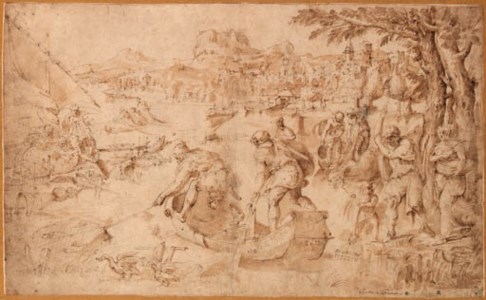 Figures fishing in a bay