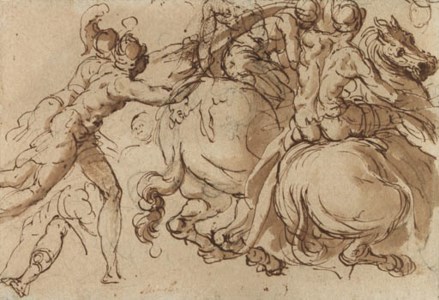 Soldiers on horseback pursued by foot-soldiers