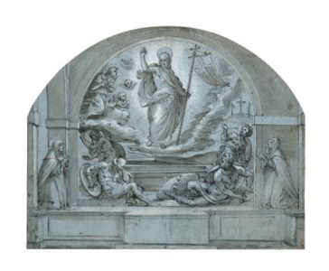 The Resurrection: Design for a frescoed altarpiece and altar flanked with a kneeling monastic female saint and a kneeling donatrix