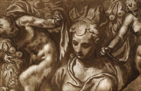 The bust of a woman flanked by male and female satyrs holding drapery