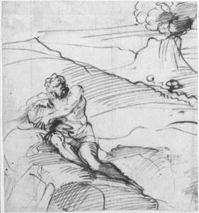 Polyphemus sitting on a mountain in an extensive landscape