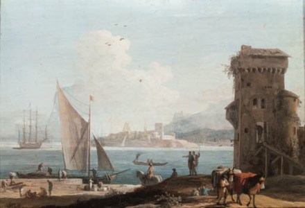 An extensive view of an port with a tower in the foreground, a fort beyond