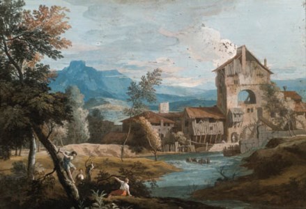 An extensive mountainous landscape with a mill by a stream