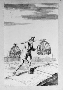 A birdseller crossing the bridge of San Trovaso on the Zattere, Venice