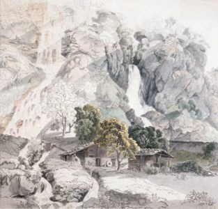 A Swiss farm at the foot of two waterfalls
