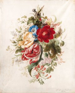 A spray of flowers, including a tulip, roses, poppies, morning glory, a hollyhock and ivy attached to a nail, with a snail and ants