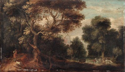 A wooded river landscape with a traveller and a dog on a path, cattle watering and figures resting, a church beyond