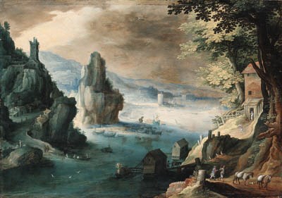 An estuary with travellers on a path before a house, a harbor beyond