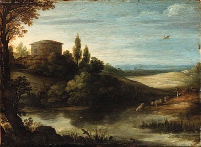 A landscape with a drover and cattle watering at a pond