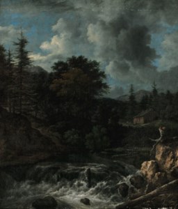A torrent in a Scandinavian wooded landscape, a cottage beyond