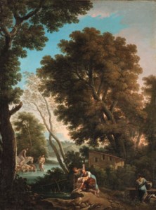 An arcadian landscape with washerwomen, a shepherd and sheperdess crossing a stream beyond