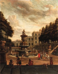 Elegant figures promenading in the grounds of a villa