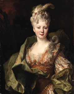Portrait of Mlle. Jeanne de Gagne Perrigny, half-length, in an embroidered orange and white dress and green wrap