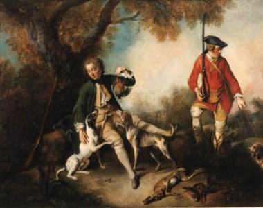 'La Halte de Chasseurs': A huntsman holding a gamebird and resting by a tree, his servant and hounds nearby