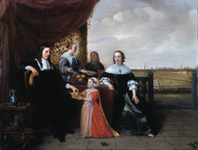 Portrait of a family seated at a table, on a terrace, a landscape beyond