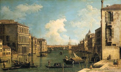 The Grand Canal, Venice, looking east from the Campo di San Vio, with the Palazzo Corner, barges and gondolas, the dome of Santa Maria della Salute, the Dogana and the Riva degli Schiavoni beyond