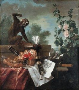 An Allegory of Air: a musical still life with a monkey blowing bubbles, a musette, a flute and musical scores.