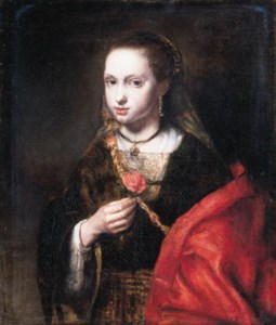 A young woman, small half-length, in a brown dress with a red mantle, a rose in her right hand