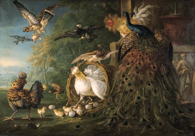 A peacock, a cockerel, a hen with her chicks, a kestrel with its prey and other birds, by a bas-relief sculpture, a landscape beyond