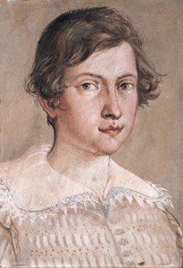 Portrait of a young man in a light brown jacket and lace collar