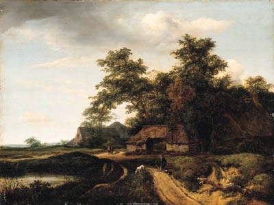 A wooded landscape with a traveler resting on a path