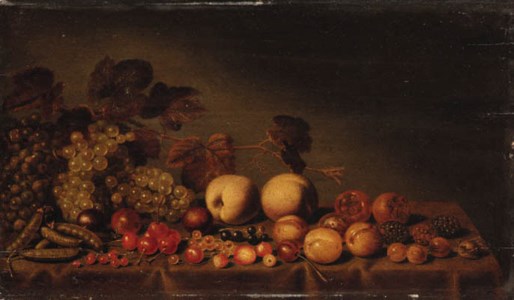 Grapes, plums, medlars, cherries, assorted berries and peas on a draped table