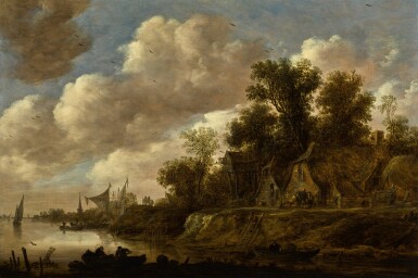 River landscape with farmhouses and a dovecote upon a high bank |《河上風景，河畔農舍與鴿房景觀》