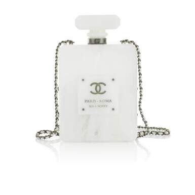 White Marble A Métiers D'Art Paris-Rome Lucite No 5 Perfume Bottle Clutch With Gunmetal Hardware, 2016