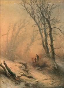 A snow-covered forest landscape with travellers approaching