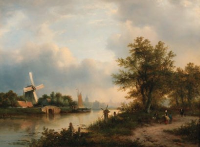 A river landscape in autumn with villagers on a path along the water, a town beyond