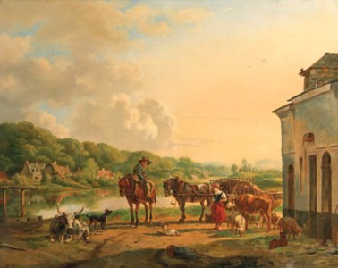A sunlit river landscape with peasants conversing by a barn