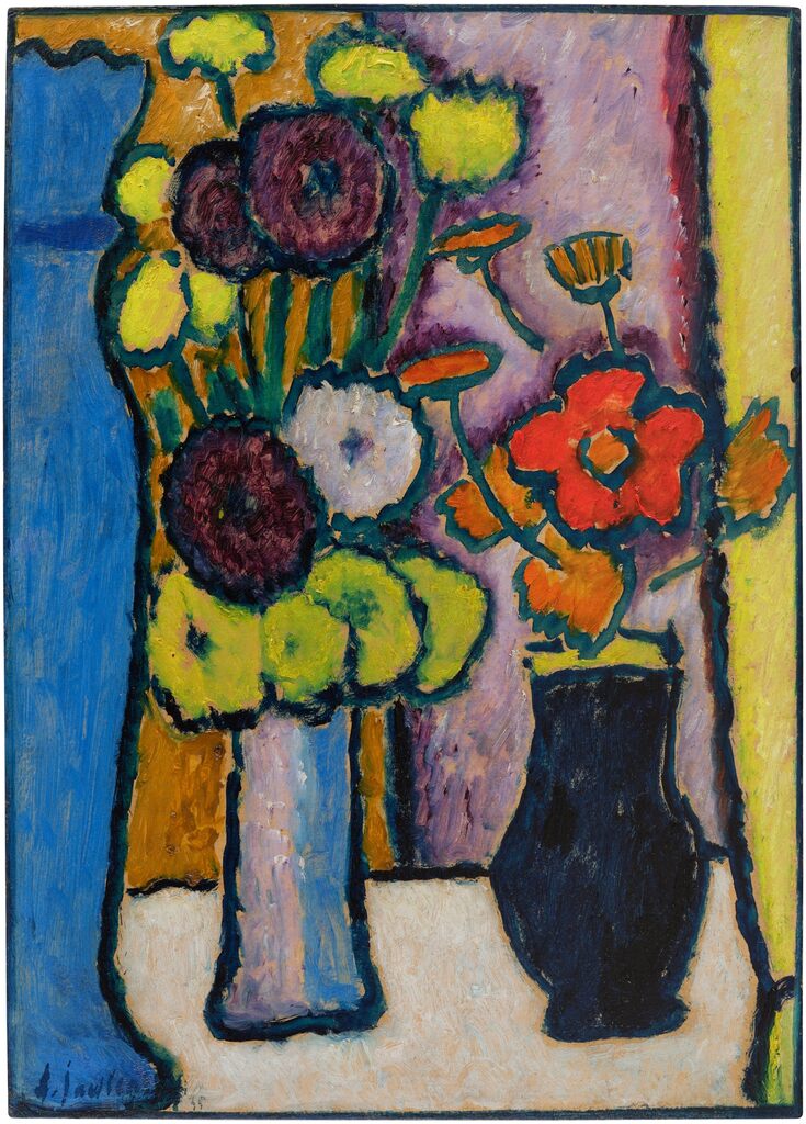 Grosses Stilleben: Dahlien und Chrysanthemun mit Blauer Vase
