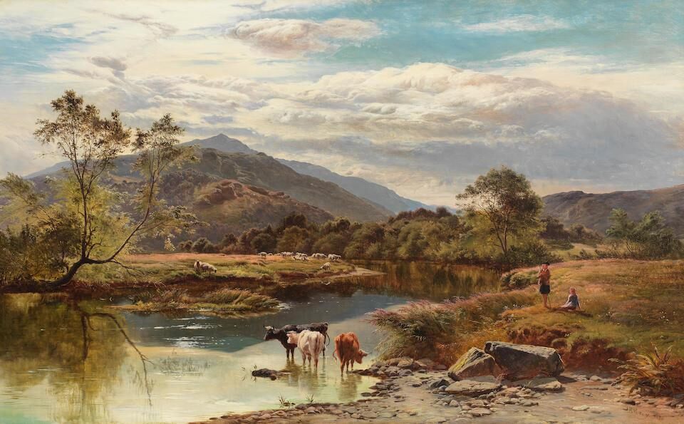 River landscape with cattle watering