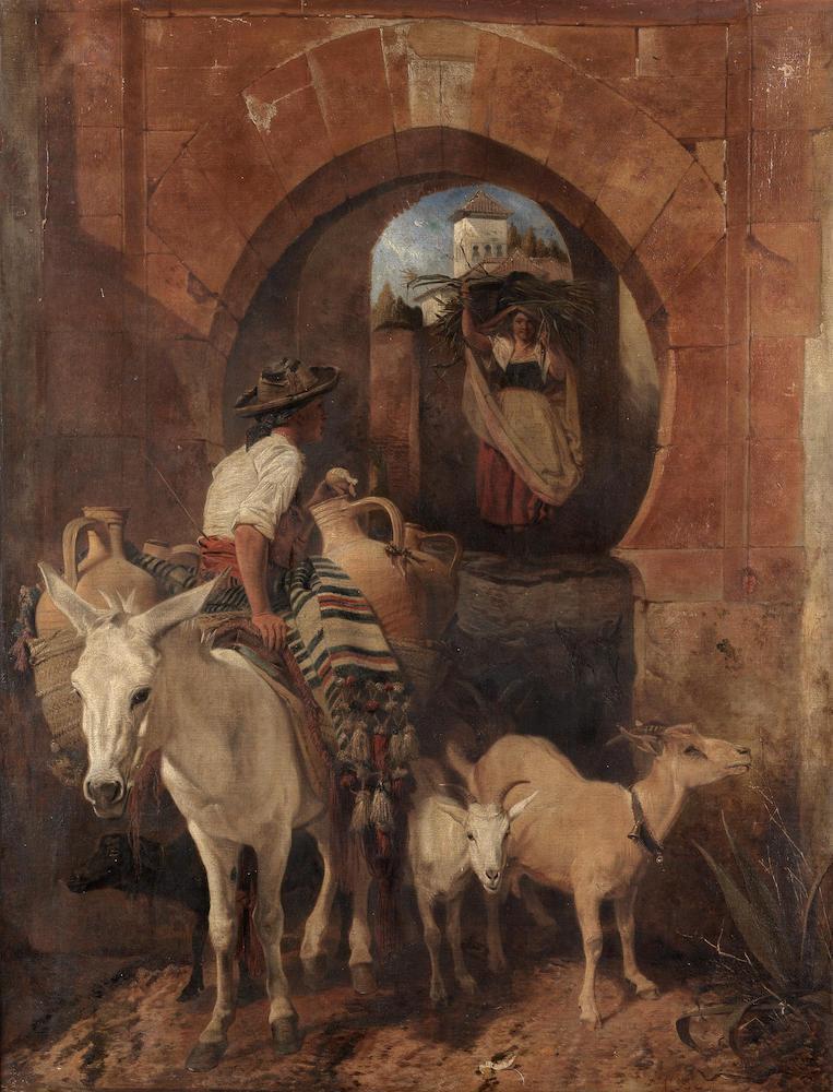 A Spanish Encounter, A mule, a goatherd and water carrier passing through a gateway in Granada