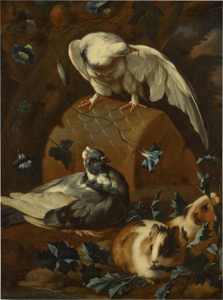 Still life with pigeons and guinea pigs in a forest landscape
