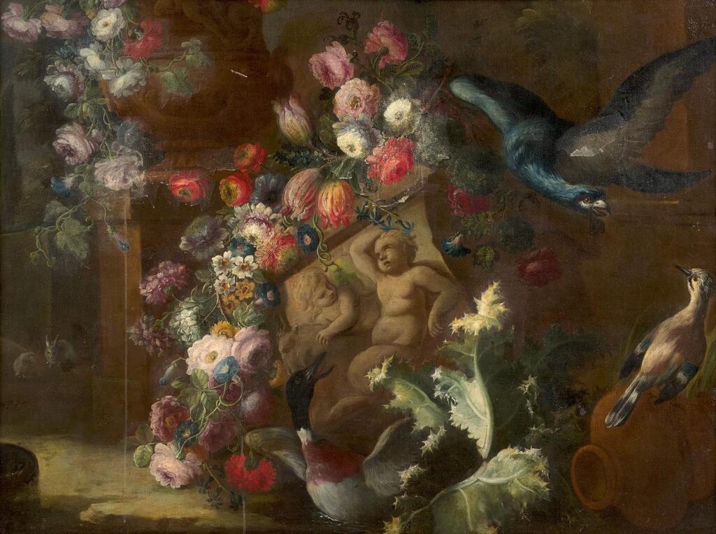 Composition with flowers and birds