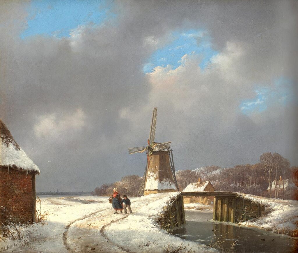 Winter landscape with windmill