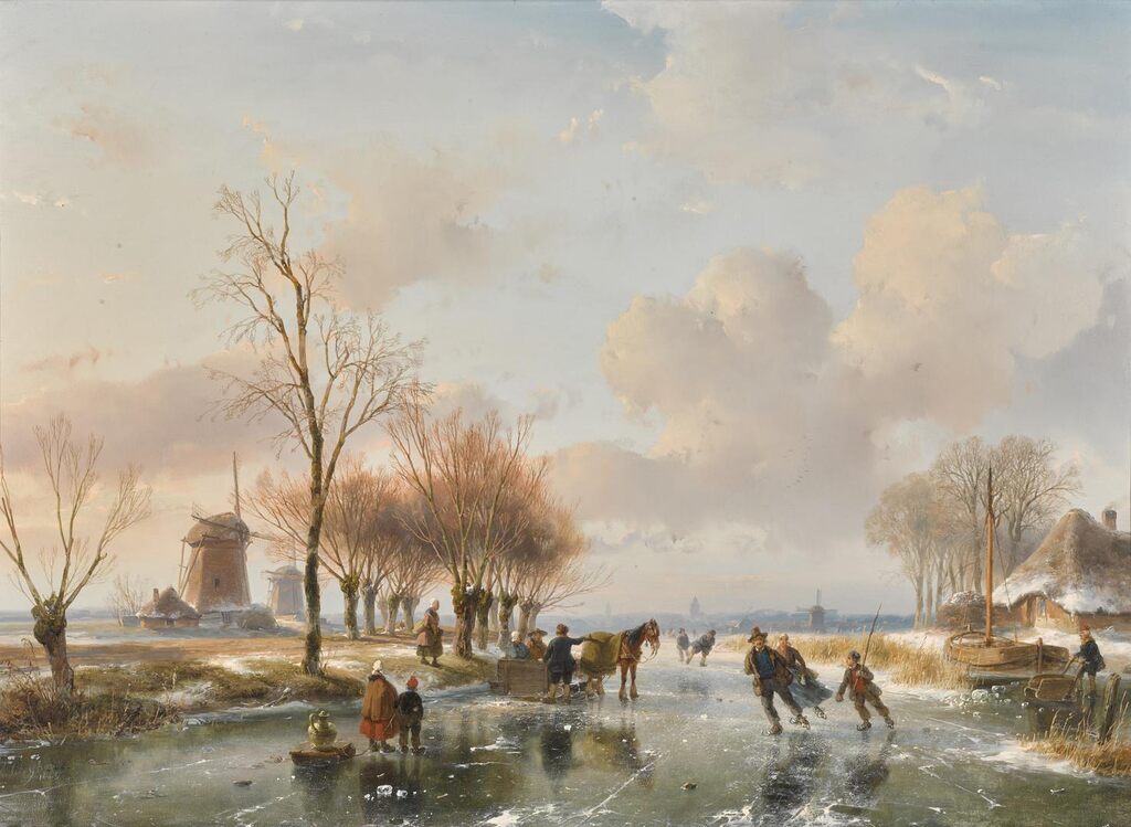 Skaters on a frozen waterway
