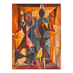 LUIS MARTÍNEZ PEDRO (1910-1989) Personajes del Cuarto Fambá I 48 x 35 7/8 in (122 x 91 cm) (Painted circa 1950)