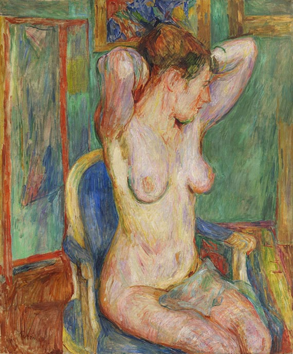 Weiblicher Akt auf blauem Sessel