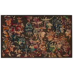 RENÉ PORTOCARRERO (1912-1985) Máscaras 23 7/8 x 39 3/4 in (60.6 x 100.9 cm) (Painted in 1970)