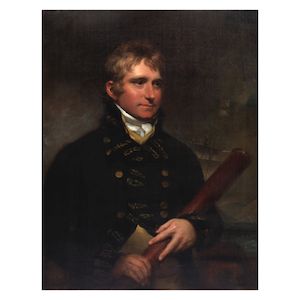 Sir William Beechey R.A (Burford 1753-1839 London) Portrait of Captain Edward Chapman Bradford, half-length, holding a telescope, a ship in full sail beyond framed:107 x 86cm